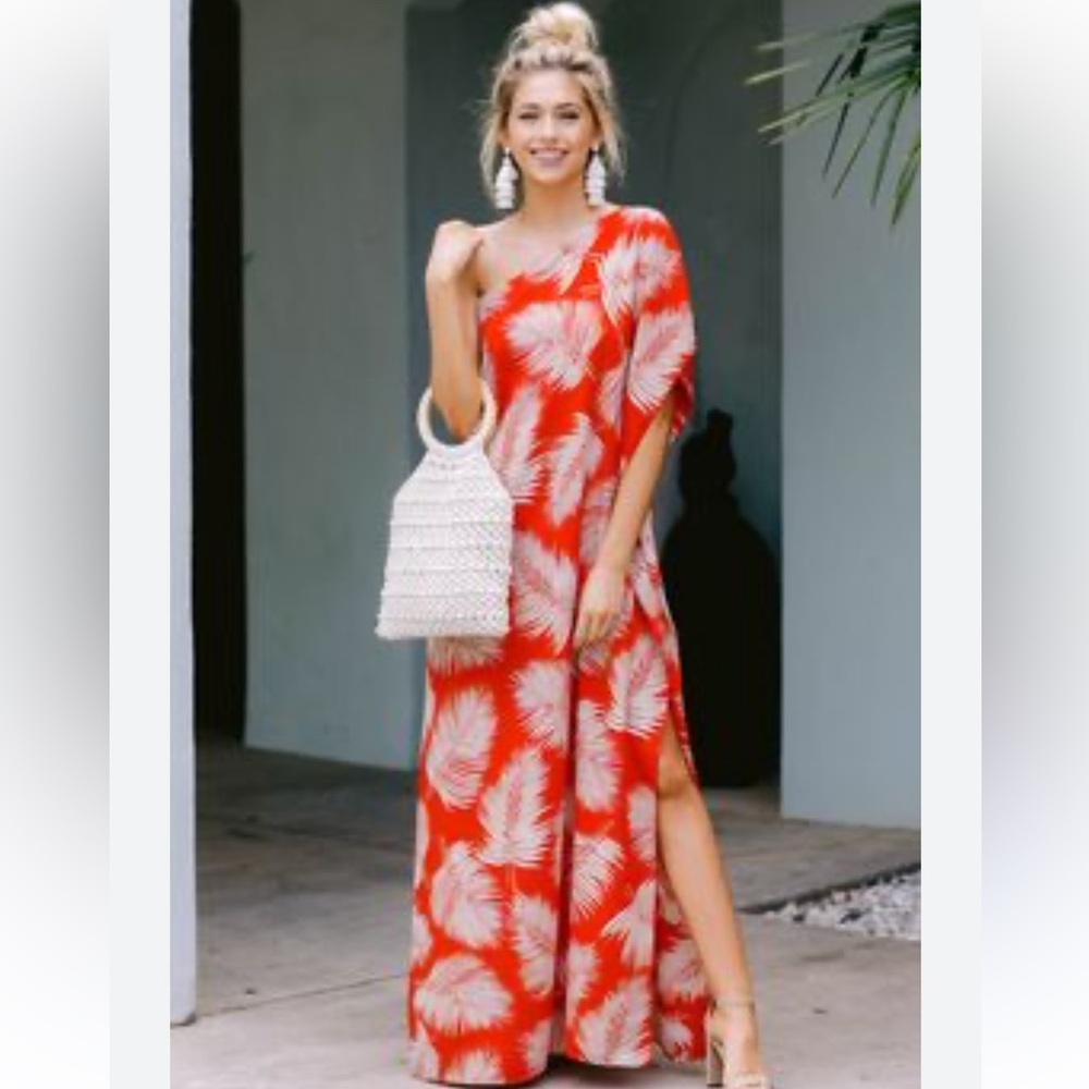 Elegant One-Shoulder orange and White Maxi Dress. New